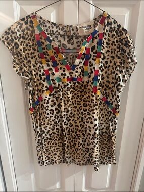 Savanna Jane Leopard Print V-Neck Top with Multicolor Embroidered Trim